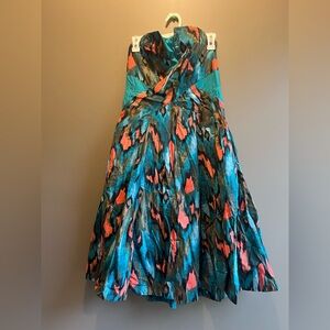 Anthropologie Girls from Savoy Strapless Blue and orange Ikat print Dress large